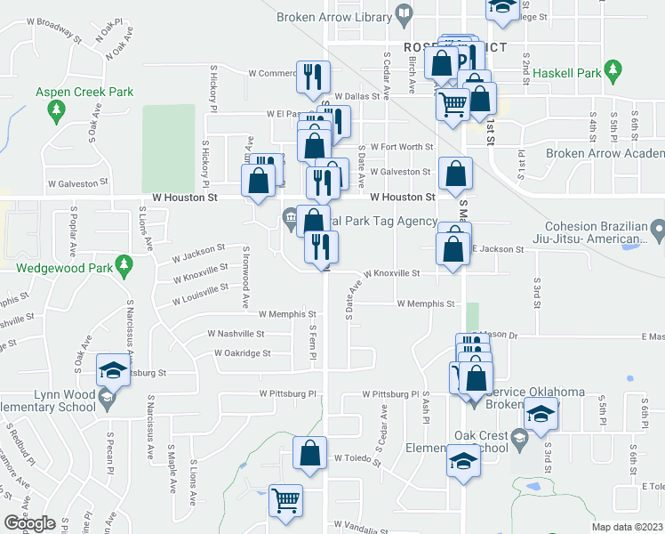 map of restaurants, bars, coffee shops, grocery stores, and more near 522 West Knoxville Street in Broken Arrow