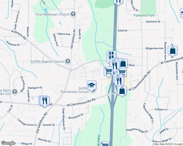 map of restaurants, bars, coffee shops, grocery stores, and more near 100 Buckhead Road in Winston-Salem