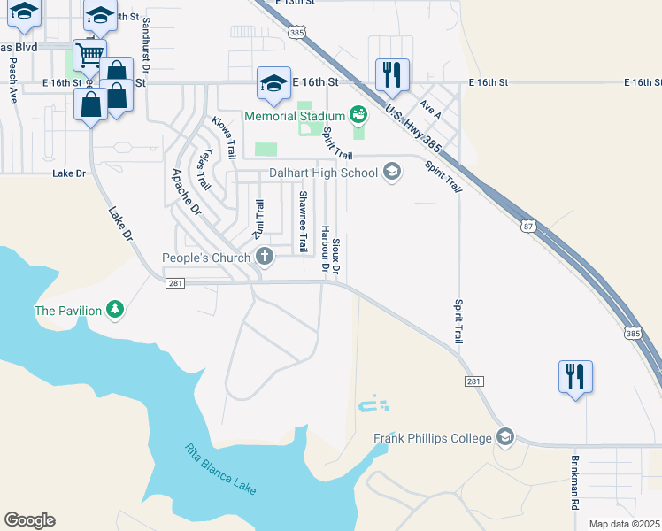 map of restaurants, bars, coffee shops, grocery stores, and more near 1900-1998 Harbour Drive in Dalhart