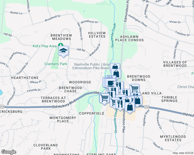 map of restaurants, bars, coffee shops, grocery stores, and more near 5604 Hickory Meadow Court in Brentwood