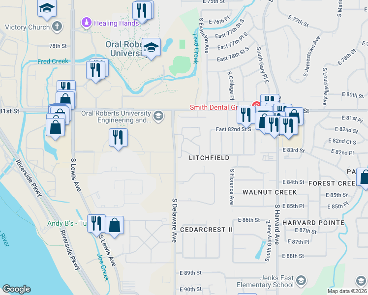 map of restaurants, bars, coffee shops, grocery stores, and more near 2121 East 83rd Street South in Tulsa