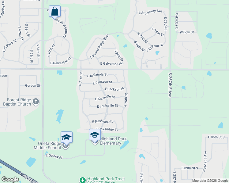 map of restaurants, bars, coffee shops, grocery stores, and more near 7423 East Jackson Place in Broken Arrow