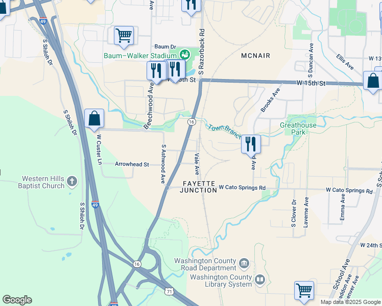 map of restaurants, bars, coffee shops, grocery stores, and more near 1437 Sligo Street in Fayetteville