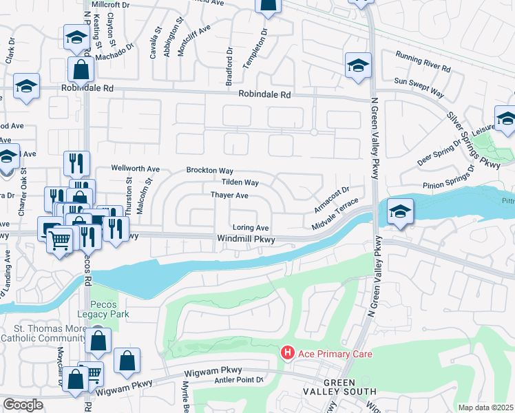 map of restaurants, bars, coffee shops, grocery stores, and more near 2313 Thayer Avenue in Henderson