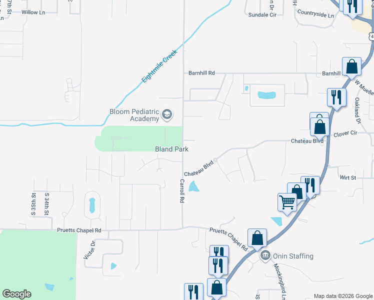 map of restaurants, bars, coffee shops, grocery stores, and more near 2501 Erin Way in Paragould