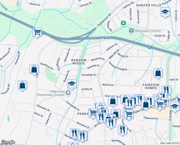 map of restaurants, bars, coffee shops, grocery stores, and more near 4102 Annadale Drive in Greensboro