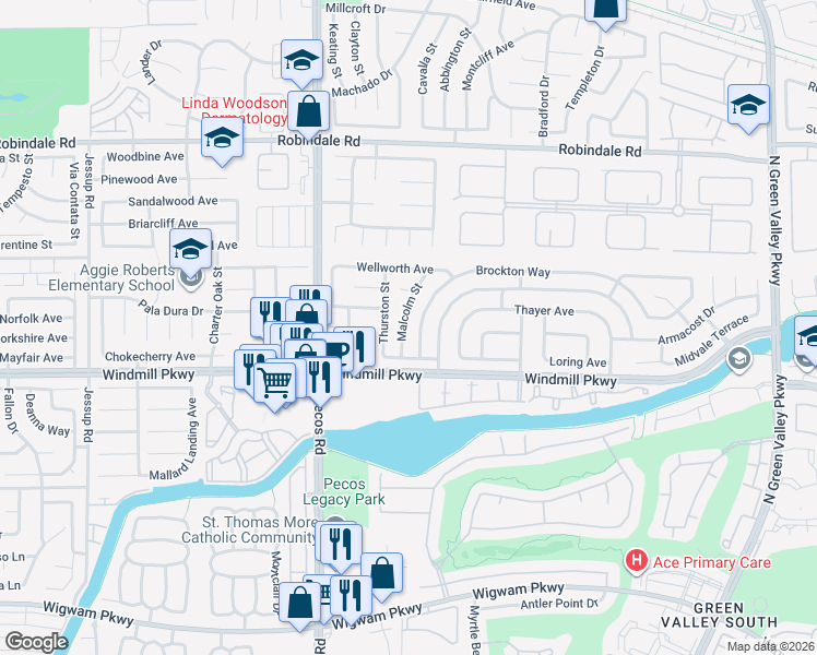 map of restaurants, bars, coffee shops, grocery stores, and more near 212 Malcolm Street in Henderson