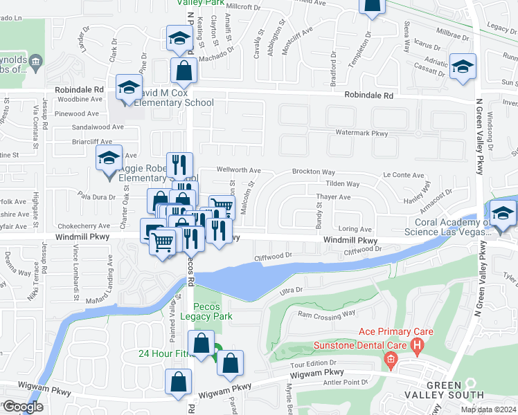 map of restaurants, bars, coffee shops, grocery stores, and more near 2411 Brockton Way in Henderson