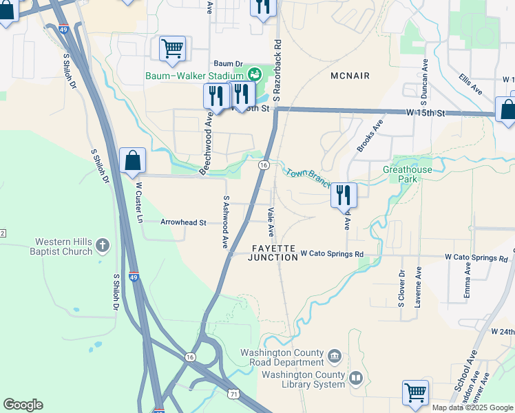 map of restaurants, bars, coffee shops, grocery stores, and more near 1461 Sligo Street in Fayetteville