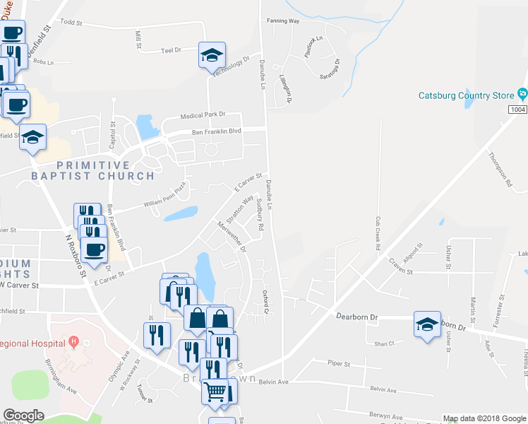 map of restaurants, bars, coffee shops, grocery stores, and more near 4100 Sudbury Road in Durham