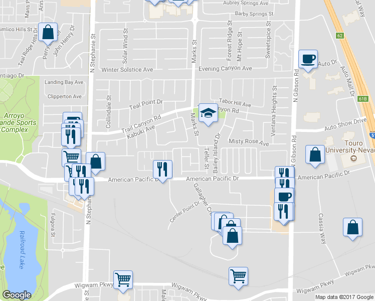 map of restaurants, bars, coffee shops, grocery stores, and more near 1205 Gibson Heights Avenue in Henderson