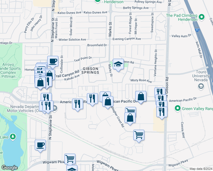 map of restaurants, bars, coffee shops, grocery stores, and more near 1205 Gibson Heights Avenue in Henderson