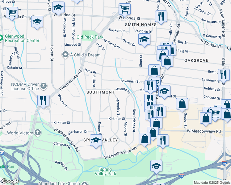 map of restaurants, bars, coffee shops, grocery stores, and more near 2215 Atlanta Street in Greensboro