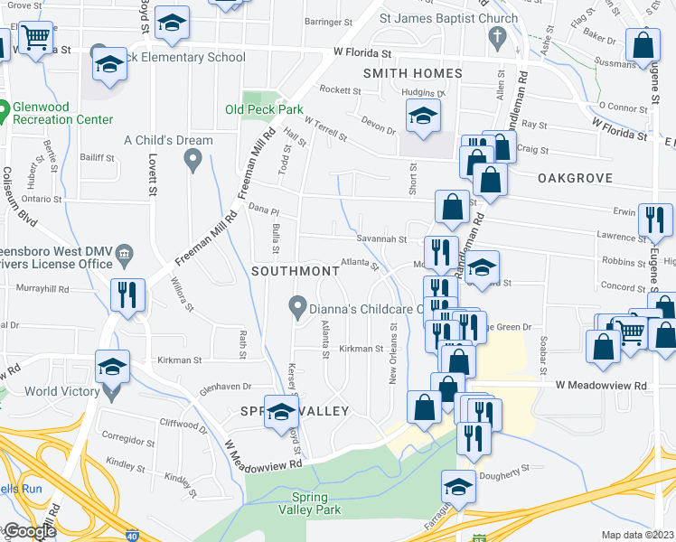 map of restaurants, bars, coffee shops, grocery stores, and more near 2215 Atlanta Street in Greensboro