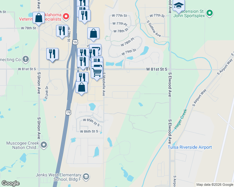 map of restaurants, bars, coffee shops, grocery stores, and more near 8155 South Maybelle Avenue in Tulsa