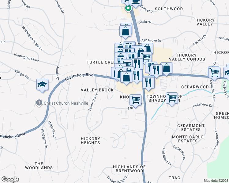 map of restaurants, bars, coffee shops, grocery stores, and more near 220 Knolls Place in Nashville