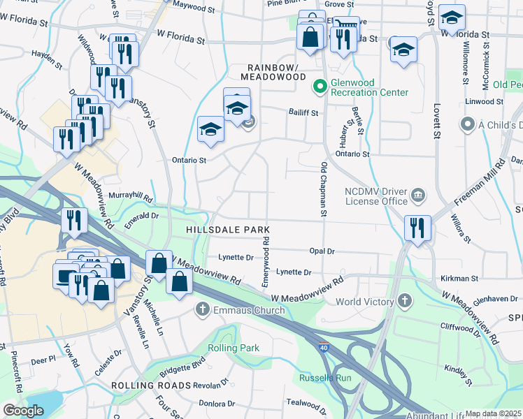 map of restaurants, bars, coffee shops, grocery stores, and more near 2206 Emerywood Road in Greensboro