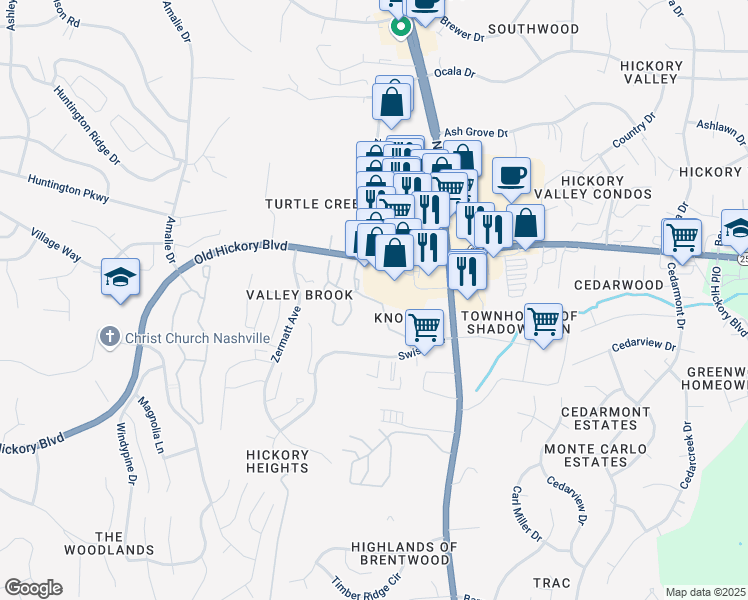 map of restaurants, bars, coffee shops, grocery stores, and more near 220 Knolls Place in Nashville