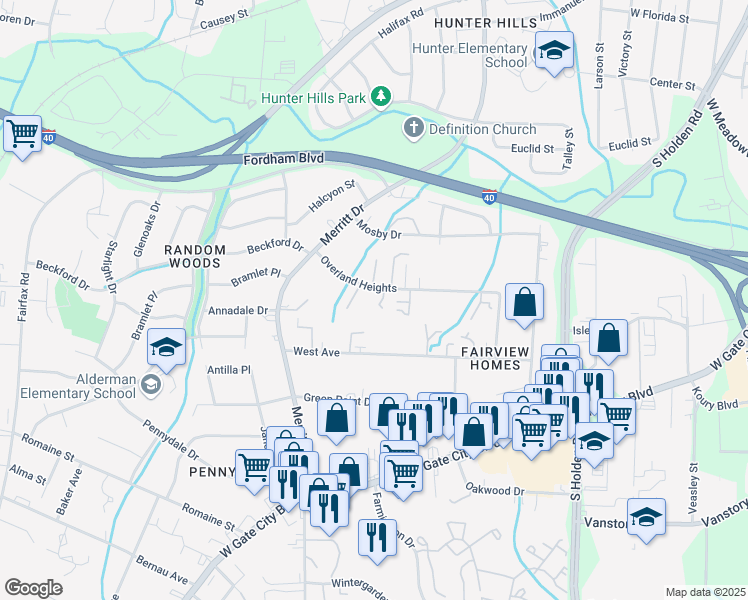 map of restaurants, bars, coffee shops, grocery stores, and more near 3911 Pioneer Way in Greensboro
