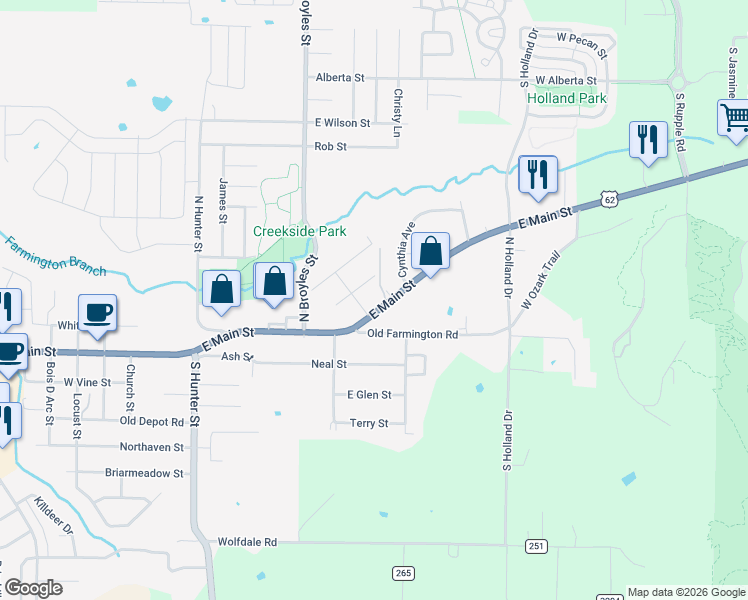 map of restaurants, bars, coffee shops, grocery stores, and more near 182 East Main Street in Farmington