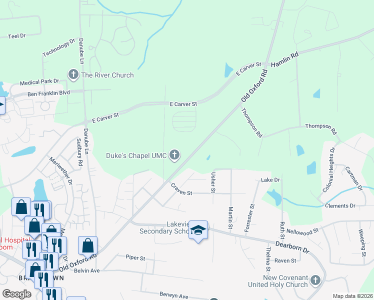 map of restaurants, bars, coffee shops, grocery stores, and more near 903 Old Oxford Road in Durham
