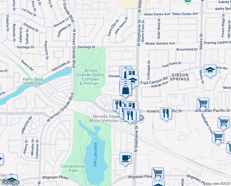 map of restaurants, bars, coffee shops, grocery stores, and more near 1427 Brushback Avenue in Henderson