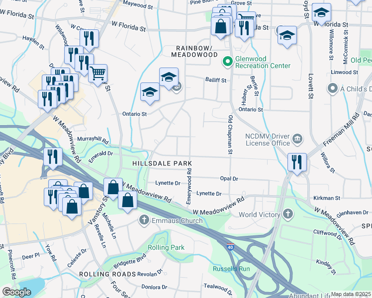 map of restaurants, bars, coffee shops, grocery stores, and more near 2206 Emerywood Road in Greensboro