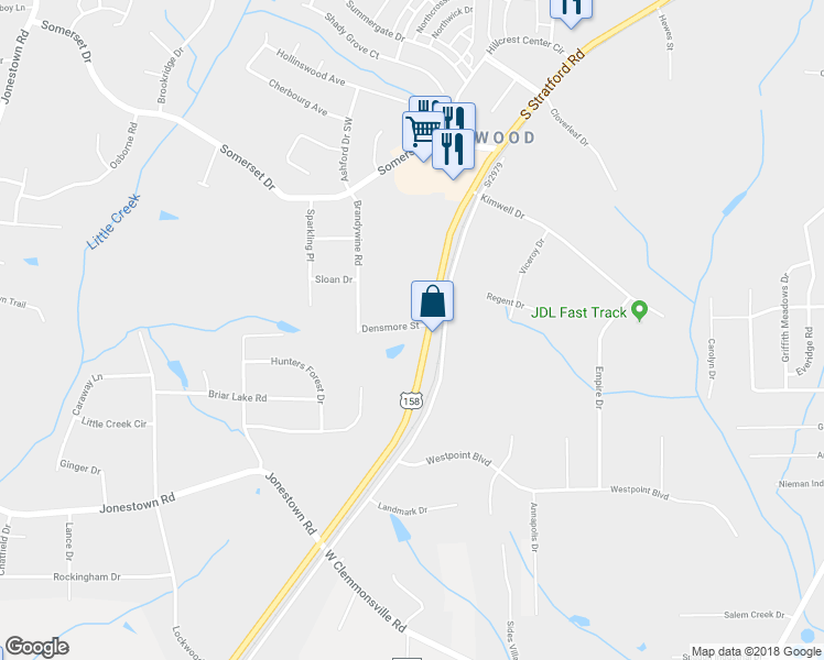 map of restaurants, bars, coffee shops, grocery stores, and more near 112 Densmore Street in Winston-Salem