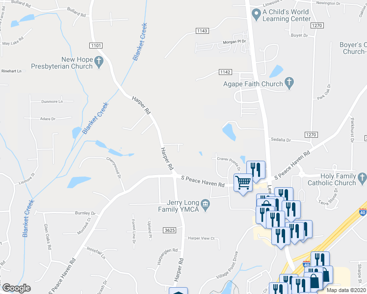 map of restaurants, bars, coffee shops, grocery stores, and more near 2301 Bryan Terrace in Clemmons