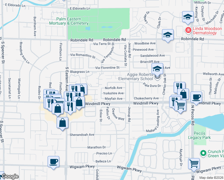 map of restaurants, bars, coffee shops, grocery stores, and more near 2818 Yorkshire Avenue in Henderson