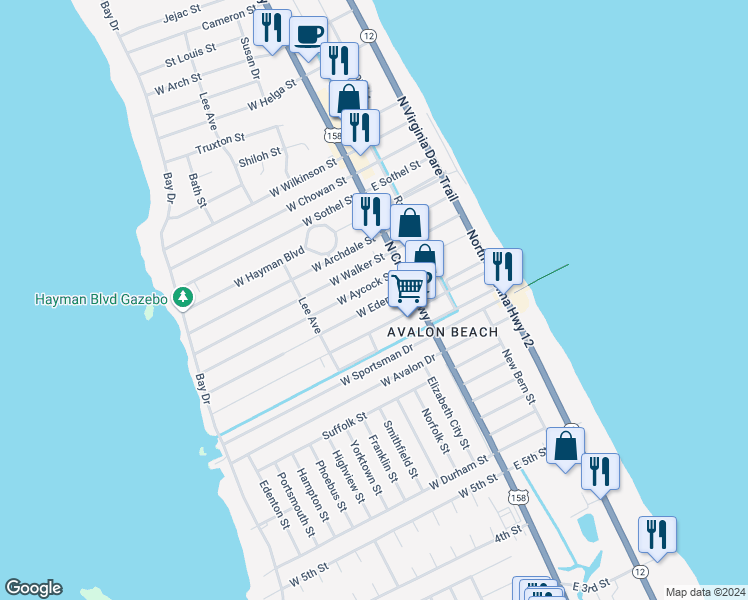 map of restaurants, bars, coffee shops, grocery stores, and more near 219 West Eden Street in Kill Devil Hills