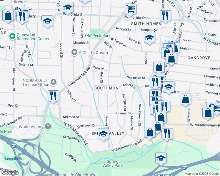 map of restaurants, bars, coffee shops, grocery stores, and more near 2301 Kersey Street in Greensboro