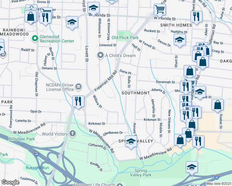 map of restaurants, bars, coffee shops, grocery stores, and more near 1816 McCormick Street in Greensboro