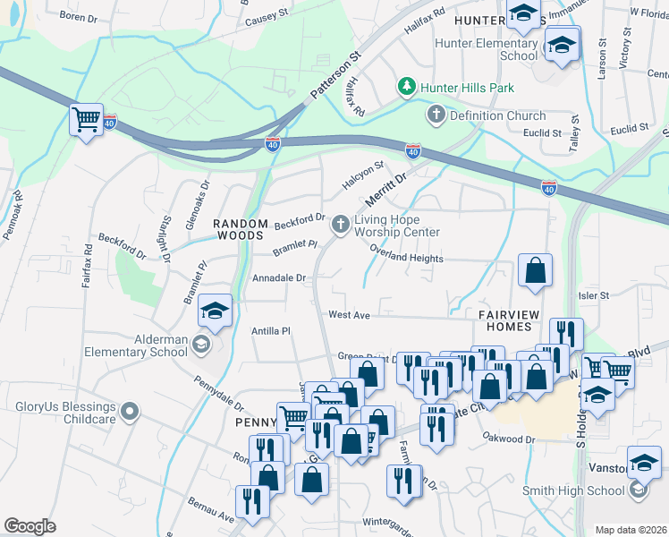 map of restaurants, bars, coffee shops, grocery stores, and more near 1929 Vantage Point Place in Greensboro