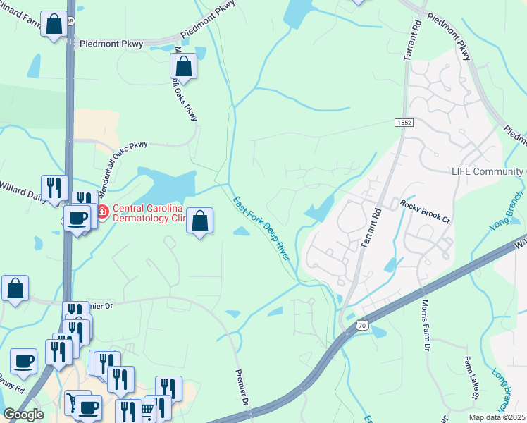 map of restaurants, bars, coffee shops, grocery stores, and more near 3530 Sainsbury Lane in Greensboro