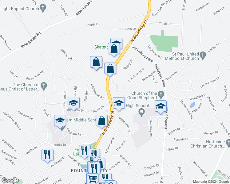 map of restaurants, bars, coffee shops, grocery stores, and more near 5516 Secluded Way in Knoxville