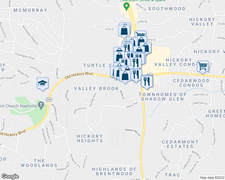 map of restaurants, bars, coffee shops, grocery stores, and more near 220 Knolls Place in Nashville