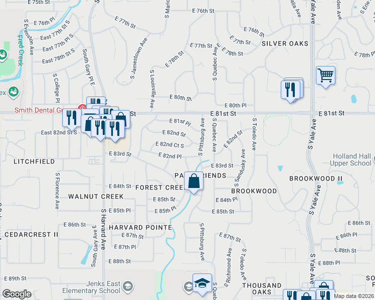 map of restaurants, bars, coffee shops, grocery stores, and more near 4011 East 82nd Place in Tulsa