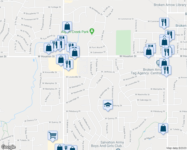 map of restaurants, bars, coffee shops, grocery stores, and more near 909 South Redbud Avenue in Broken Arrow