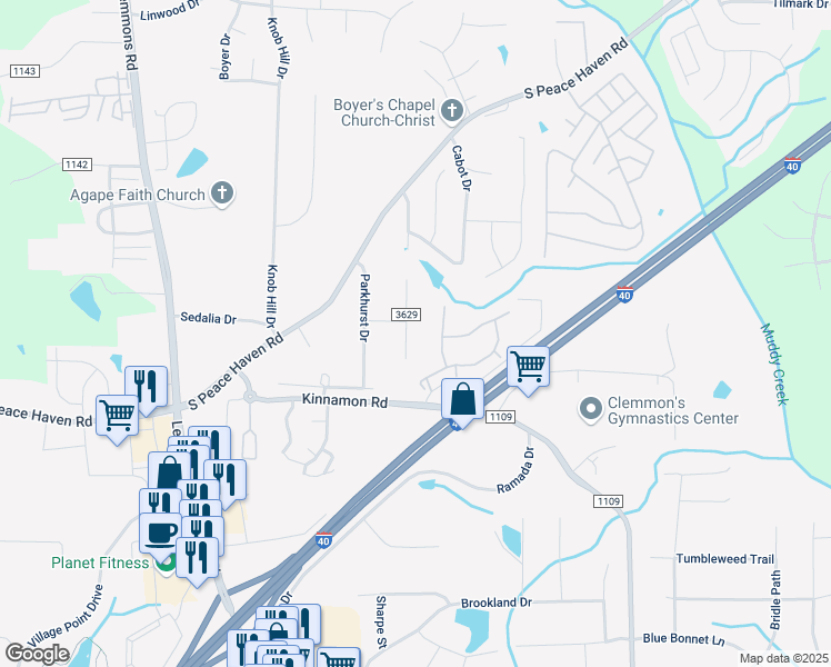 map of restaurants, bars, coffee shops, grocery stores, and more near 2935 Hopewood Lane in Winston-Salem