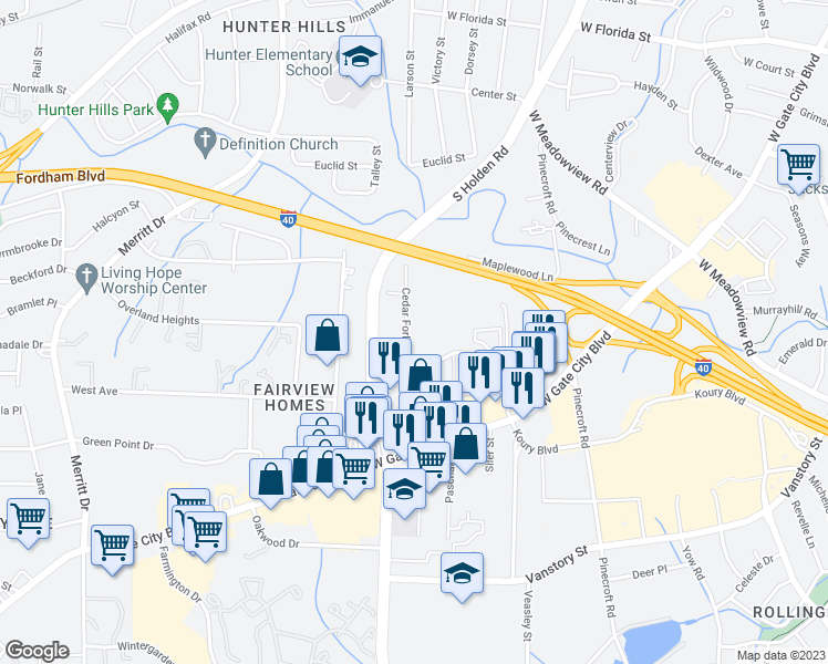 map of restaurants, bars, coffee shops, grocery stores, and more near 1923 Cedar Fork Road in Greensboro