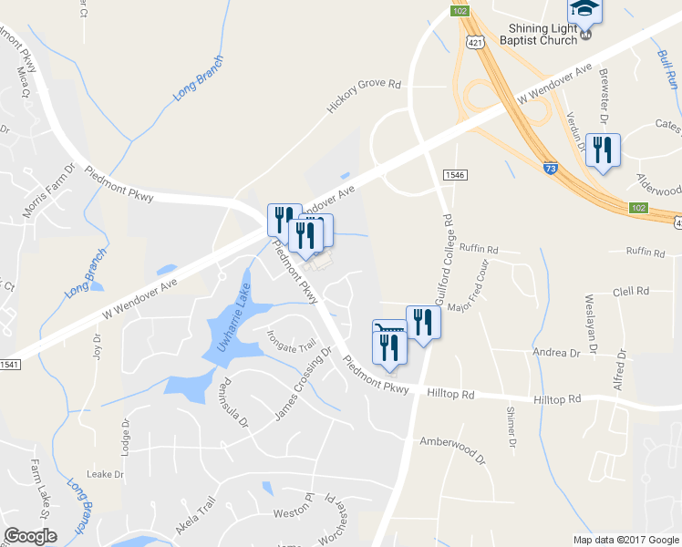 map of restaurants, bars, coffee shops, grocery stores, and more near 3141 High Bridge Circle in Jamestown