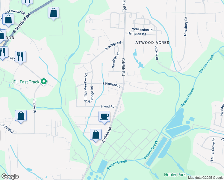 map of restaurants, bars, coffee shops, grocery stores, and more near 2310 Hartfield Circle in Winston-Salem