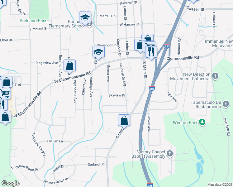 map of restaurants, bars, coffee shops, grocery stores, and more near 320 Skyview Drive in Winston-Salem