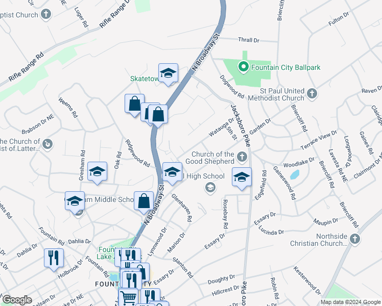 map of restaurants, bars, coffee shops, grocery stores, and more near 312 Watauga Drive in Knoxville