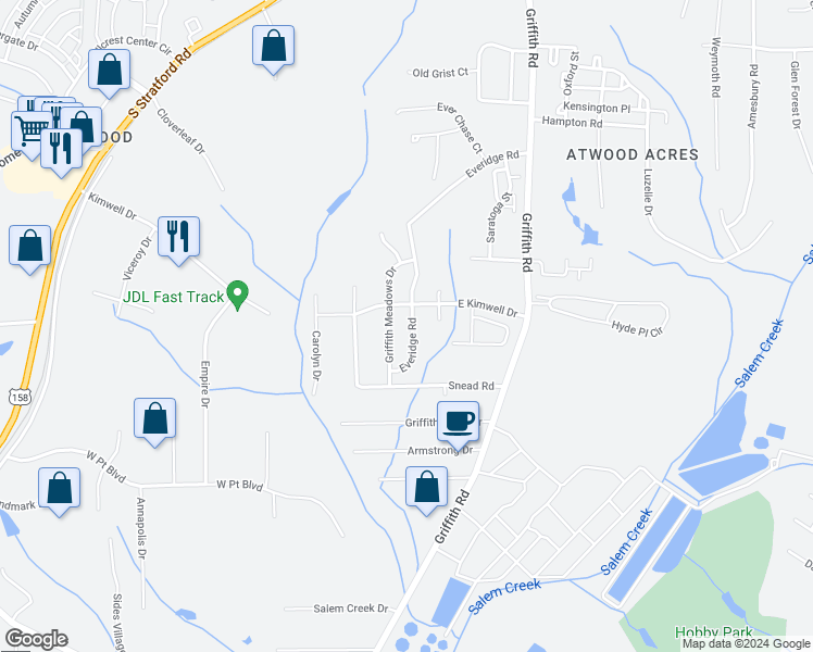 map of restaurants, bars, coffee shops, grocery stores, and more near 177 Everidge Road in Winston-Salem