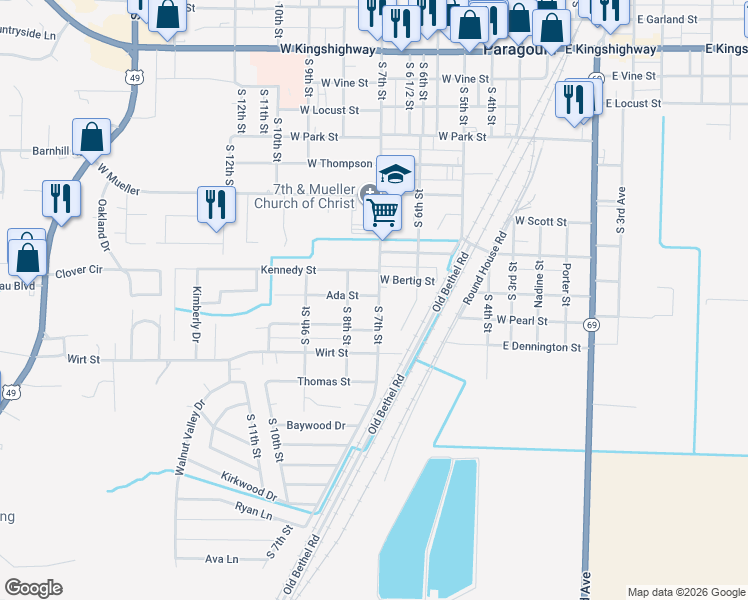 map of restaurants, bars, coffee shops, grocery stores, and more near 1300 South 7th Street in Paragould