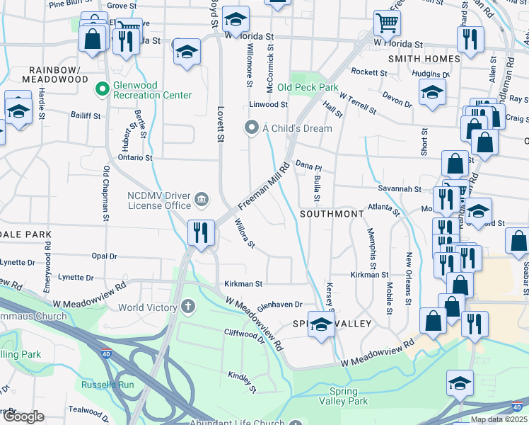 map of restaurants, bars, coffee shops, grocery stores, and more near 1816 McCormick Street in Greensboro