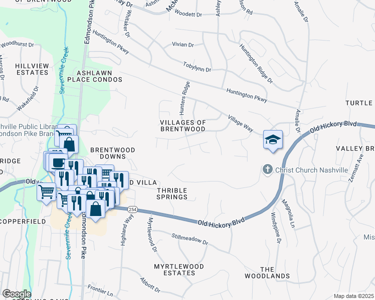 map of restaurants, bars, coffee shops, grocery stores, and more near 5417 Hunters Ridge in Nashville
