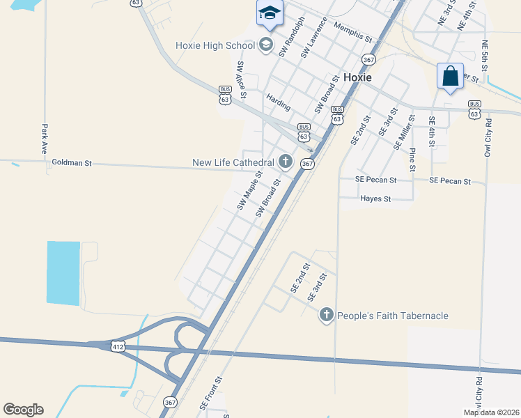 map of restaurants, bars, coffee shops, grocery stores, and more near 1113 Southwest Broad Street in Hoxie